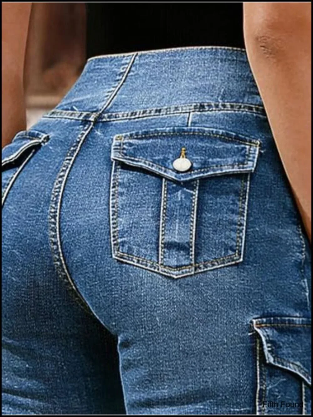Mid Waist Denim Cargo Shorts with Flap Pockets Elastic Back